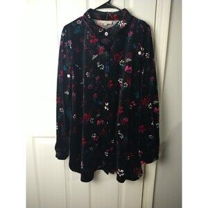 Woman Within Womens 1X 22/24 Button Up Long Sleeve Black Floral Velvet Shirt